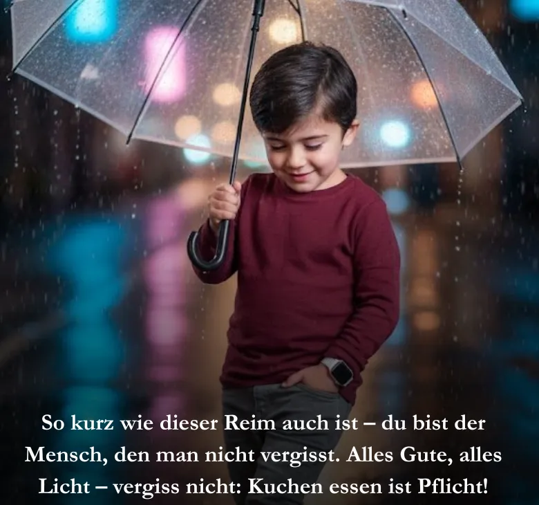 So kurz wie dieser Reim auch ist – du bist der Mensch, den man nicht vergisst. Alles Gute, alles Licht – vergiss nicht: Kuchen essen ist Pflicht!