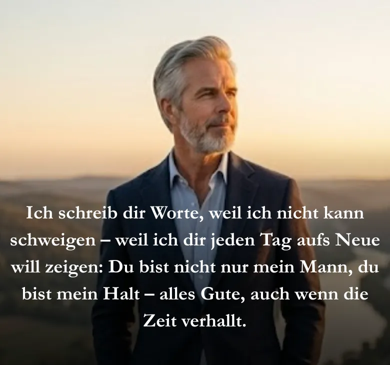 Ich schreib dir Worte, weil ich nicht kann schweigen – weil ich dir jeden Tag aufs Neue will zeigen: Du bist nicht nur mein Mann, du bist mein Halt – alles Gute, auch wenn die Zeit verhallt.