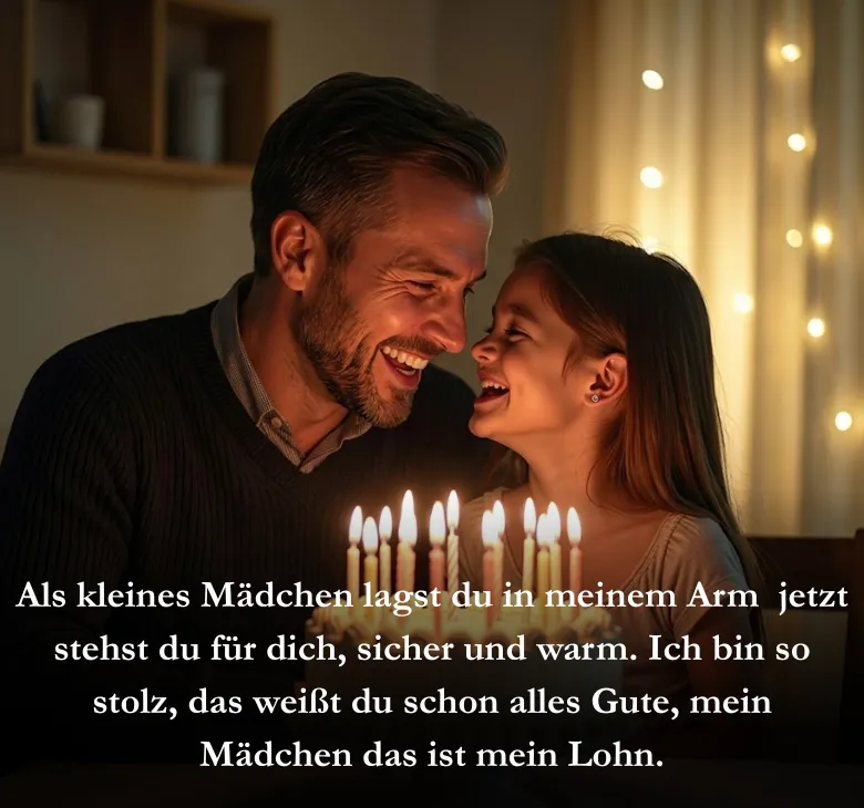 Als kleines Mädchen lagst du in meinem Arm  jetzt stehst du für dich, sicher und warm. Ich bin so stolz, das weißt du schon alles Gute, mein Mädchen das ist mein Lohn.