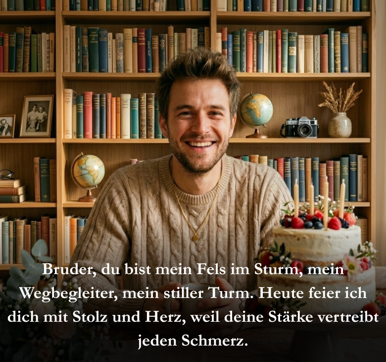 Bruder, du bist mein Fels im Sturm, mein Wegbegleiter, mein stiller Turm. Heute feier ich dich mit Stolz und Herz, weil deine Stärke vertreibt jeden Schmerz.