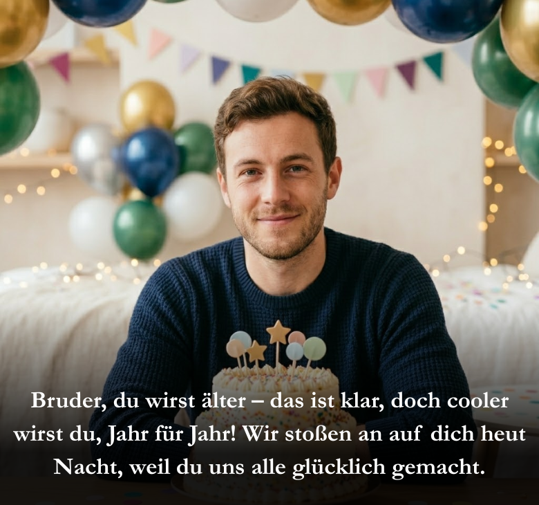 Bruder, du wirst älter – das ist klar, doch cooler wirst du, Jahr für Jahr! Wir stoßen an auf dich heut Nacht, weil du uns alle glücklich gemacht.