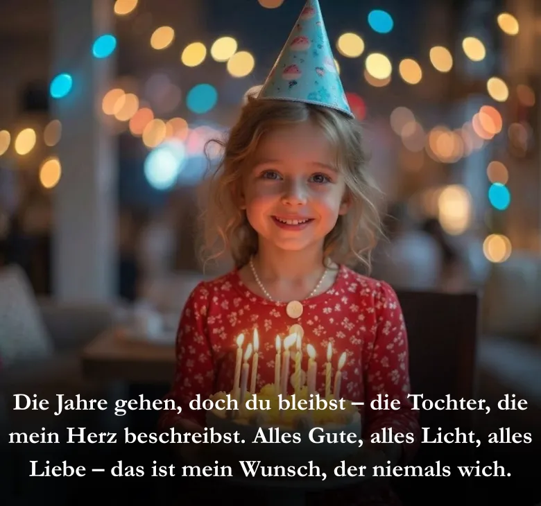 Die Jahre gehen, doch du bleibst – die Tochter, die mein Herz beschreibst. Alles Gute, alles Licht, alles Liebe – das ist mein Wunsch, der niemals wich.