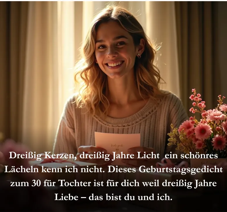 Dreißig Kerzen, dreißig Jahre Licht  ein schönres Lächeln kenn ich nicht. Dieses Geburtstagsgedicht zum 30 für Tochter ist für dich weil dreißig Jahre Liebe – das bist du und ich.