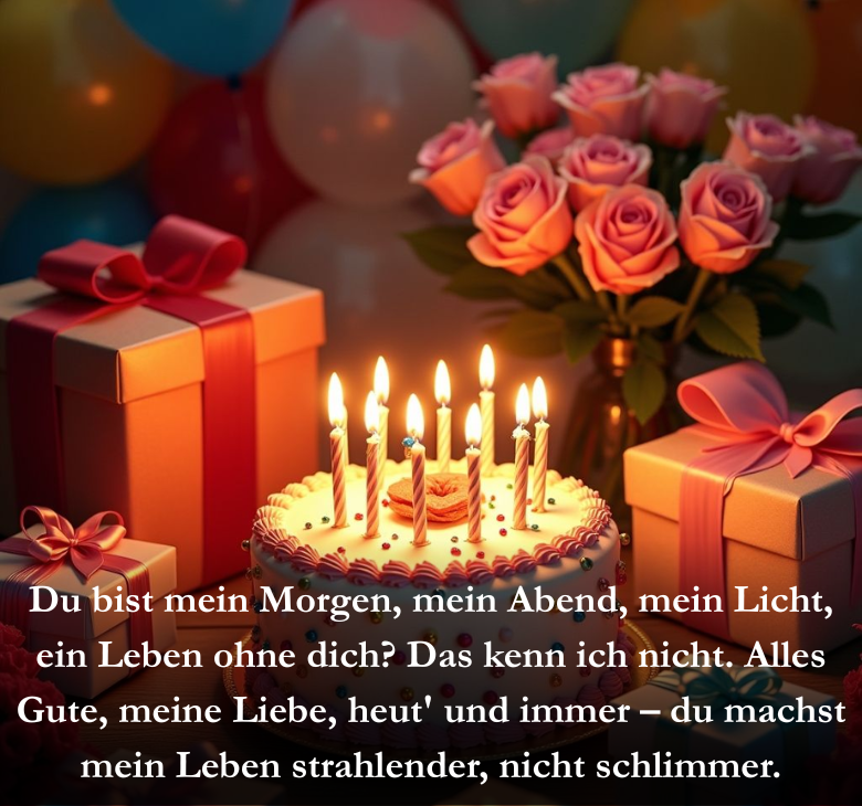 Du bist mein Morgen, mein Abend, mein Licht, ein Leben ohne dich? Das kenn ich nicht. Alles Gute, meine Liebe, heut' und immer – du machst mein Leben strahlender, nicht schlimmer.
