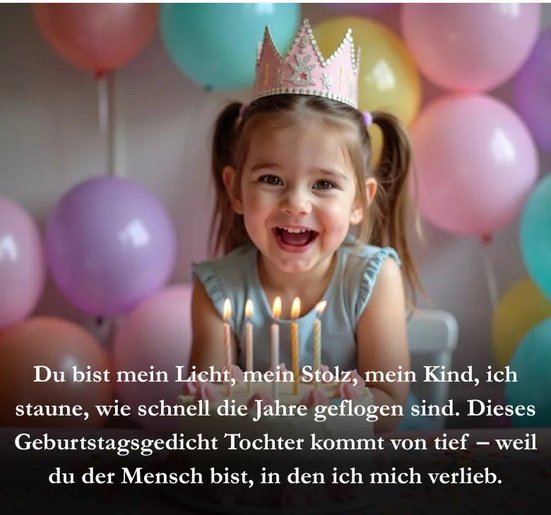 Du bist mein Licht, mein Stolz, mein Kind, ich staune, wie schnell die Jahre geflogen sind. Dieses Geburtstagsgedicht Tochter kommt von tief – weil du der Mensch bist, in den ich mich verlieb.