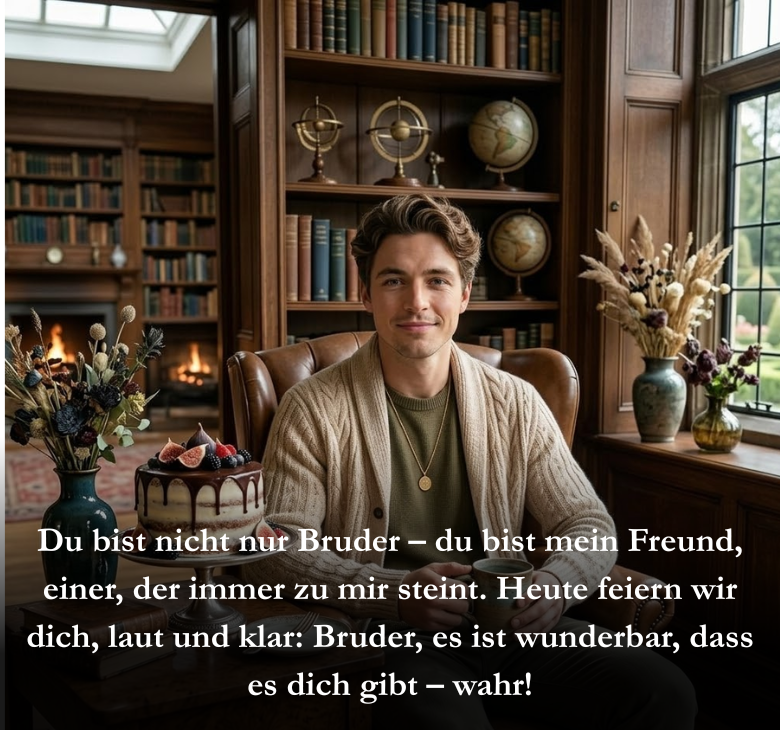 Du bist nicht nur Bruder – du bist mein Freund, einer, der immer zu mir steint. Heute feiern wir dich, laut und klar: Bruder, es ist wunderbar, dass es dich gibt – wahr!