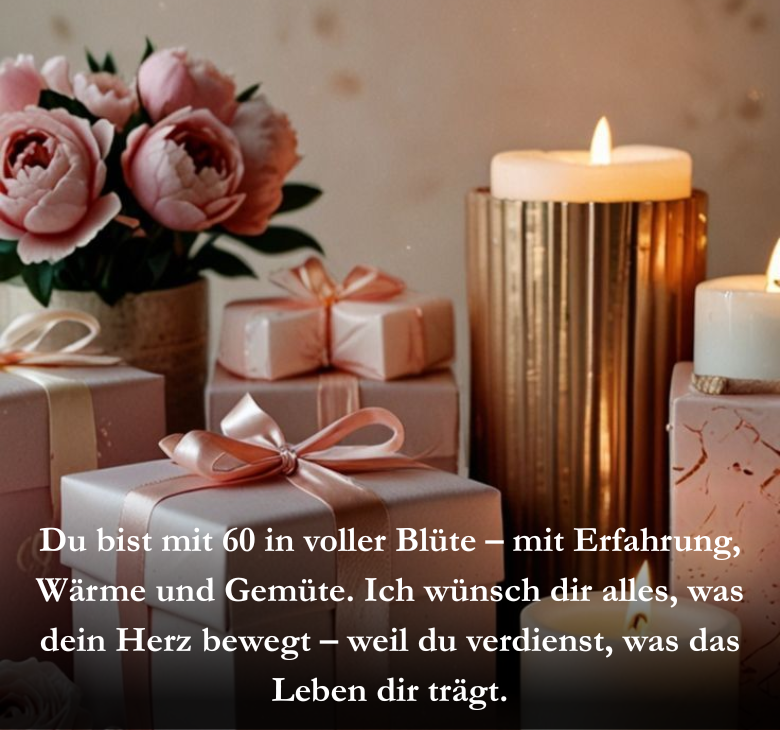 Du bist mit 60 in voller Blüte – mit Erfahrung, Wärme und Gemüte. Ich wünsch dir alles, was dein Herz bewegt – weil du verdienst, was das Leben dir trägt.