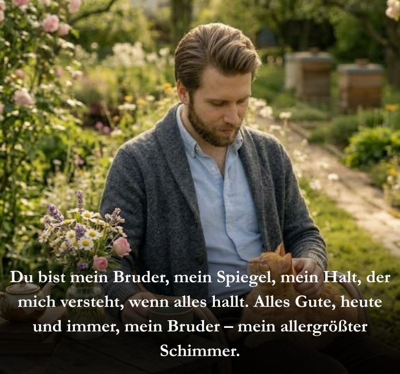 Du bist mein Bruder, mein Spiegel, mein Halt, der mich versteht, wenn alles hallt. Alles Gute, heute und immer, mein Bruder – mein allergrößter Schimmer.