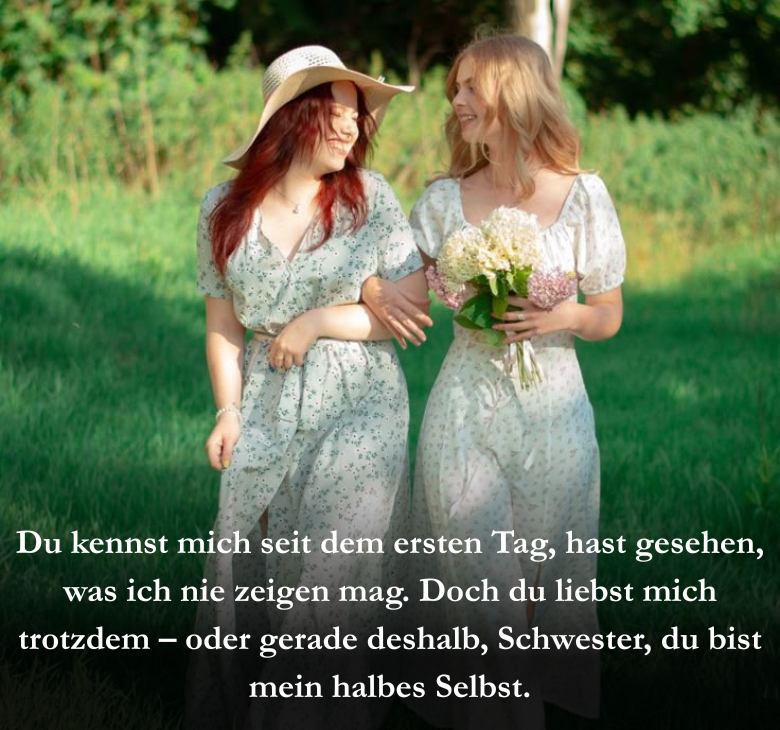 Du kennst mich seit dem ersten Tag, hast gesehen, was ich nie zeigen mag. Doch du liebst mich trotzdem – oder gerade deshalb, Schwester, du bist mein halbes Selbst.