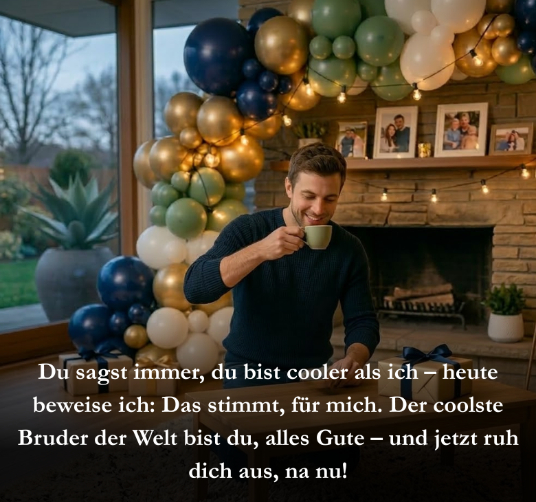 Du sagst immer, du bist cooler als ich – heute beweise ich: Das stimmt, für mich. Der coolste Bruder der Welt bist du, alles Gute – und jetzt ruh dich aus, na nu!