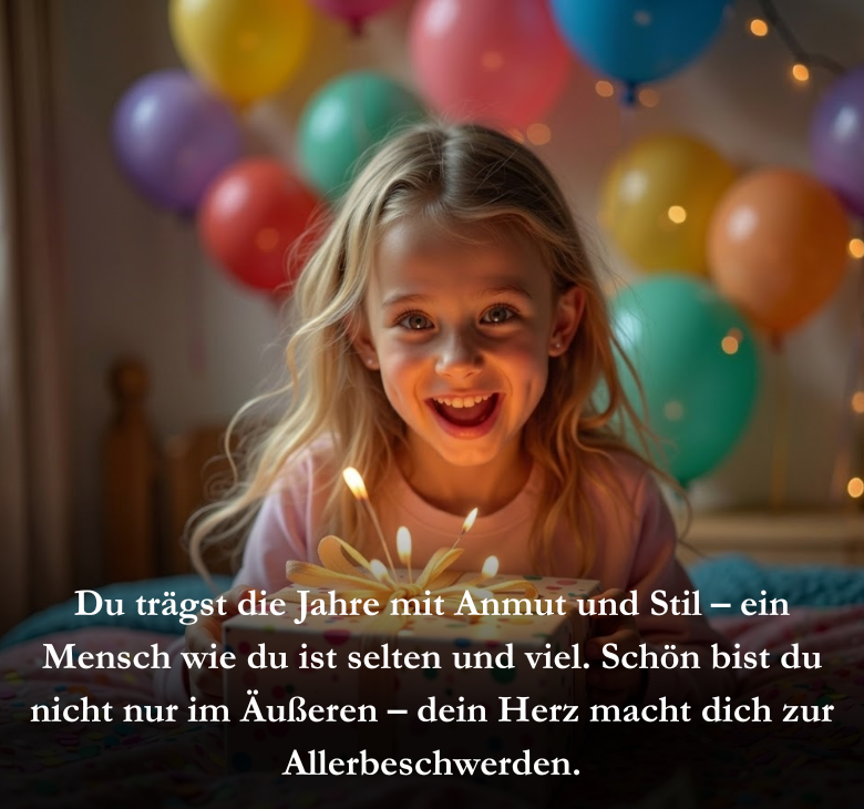 Du trägst die Jahre mit Anmut und Stil – ein Mensch wie du ist selten und viel. Schön bist du nicht nur im Äußeren – dein Herz macht dich zur Allerbeschwerden.