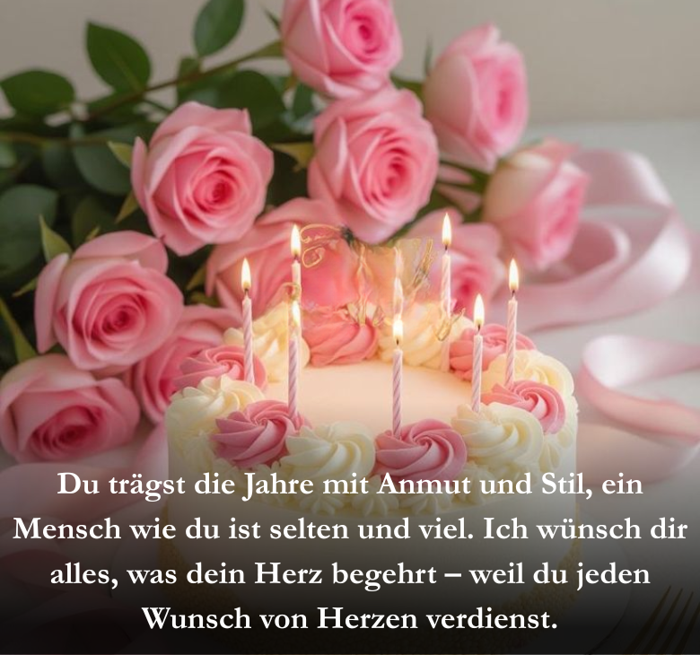Du trägst die Jahre mit Anmut und Stil, ein Mensch wie du ist selten und viel. Ich wünsch dir alles, was dein Herz begehrt – weil du jeden Wunsch von Herzen verdienst.