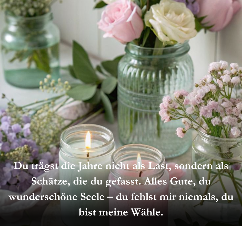 Du trägst die Jahre nicht als Last, sondern als Schätze, die du gefasst. Alles Gute, du wunderschöne Seele – du fehlst mir niemals, du bist meine Wähle.
