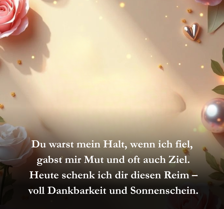 Du warst mein Halt, wenn ich fiel,
 gabst mir Mut und oft auch Ziel.
 Heute schenk ich dir diesen Reim –
 voll Dankbarkeit und Sonnenschein.