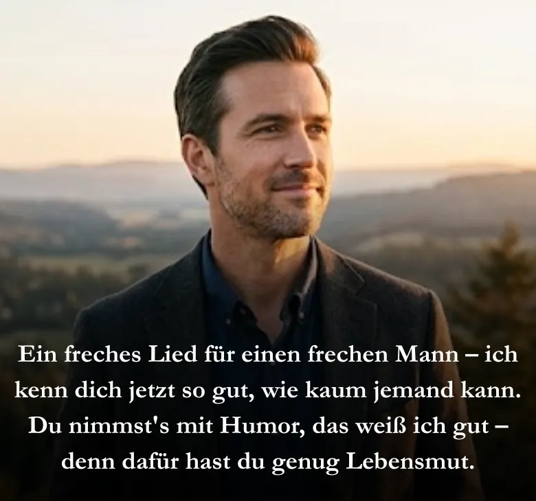 Ein freches Lied für einen frechen Mann – ich kenn dich jetzt so gut, wie kaum jemand kann. Du nimmst's mit Humor, das weiß ich gut – denn dafür hast du genug Lebensmut.
