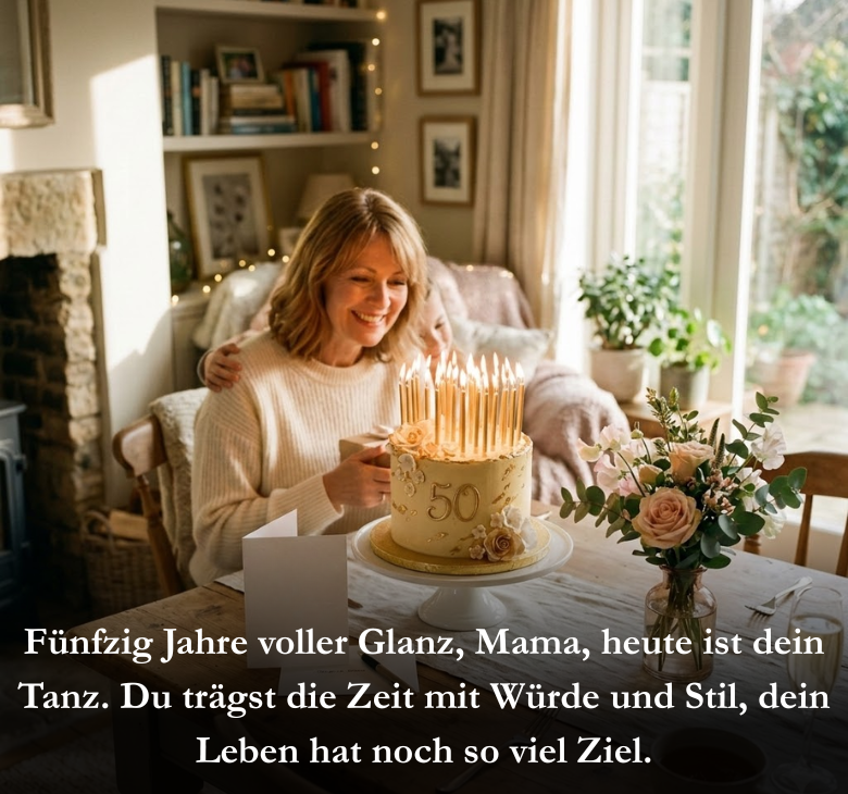 Fünfzig Jahre voller Glanz, Mama, heute ist dein Tanz. Du trägst die Zeit mit Würde und Stil, dein Leben hat noch so viel Ziel.