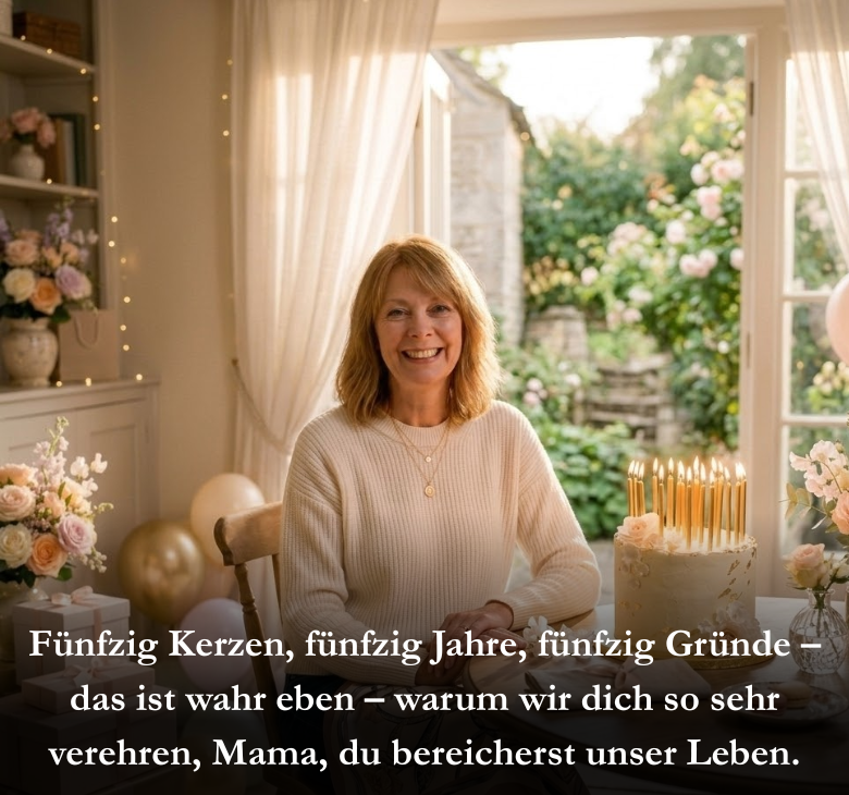 Fünfzig Kerzen, fünfzig Jahre, fünfzig Gründe – das ist wahr eben – warum wir dich so sehr verehren, Mama, du bereicherst unser Leben.