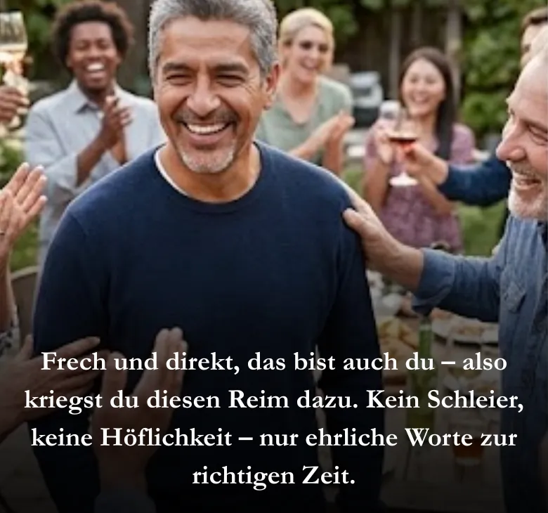 Frech und direkt, das bist auch du – also kriegst du diesen Reim dazu. Kein Schleier, keine Höflichkeit – nur ehrliche Worte zur richtigen Zeit.