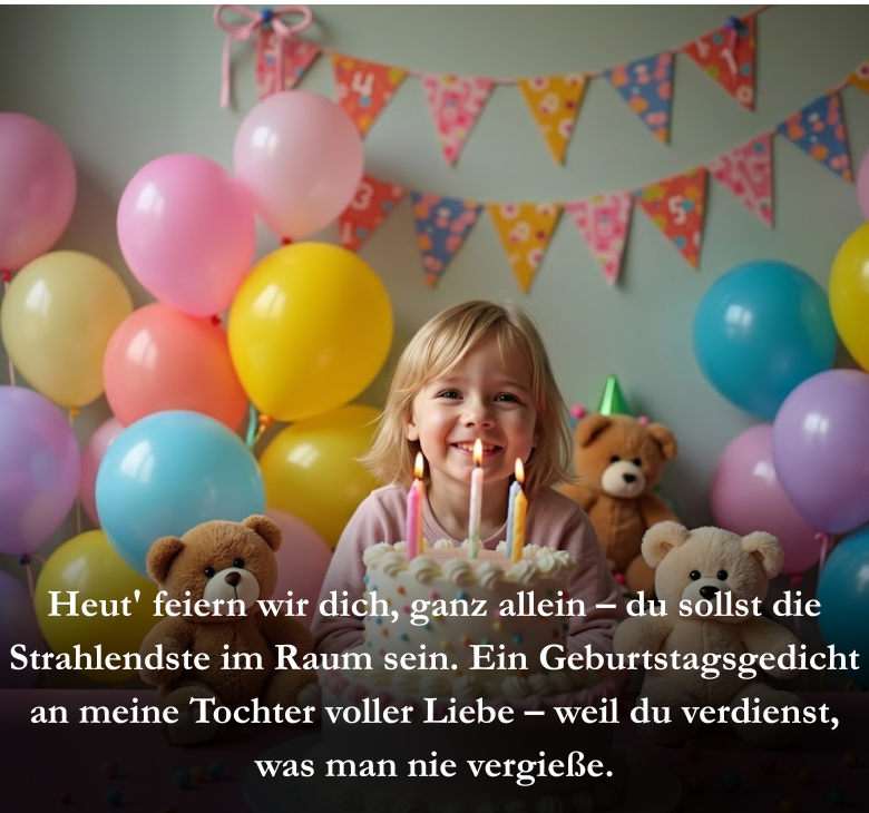 Heut' feiern wir dich, ganz allein – du sollst die Strahlendste im Raum sein. Ein Geburtstagsgedicht an meine Tochter voller Liebe – weil du verdienst, was man nie vergieße.
