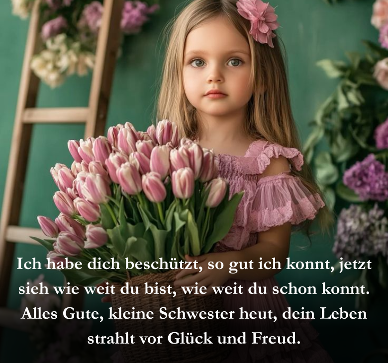 Ich habe dich beschützt, so gut ich konnt, jetzt sieh wie weit du bist, wie weit du schon konnt. Alles Gute, kleine Schwester heut, dein Leben strahlt vor Glück und Freud.