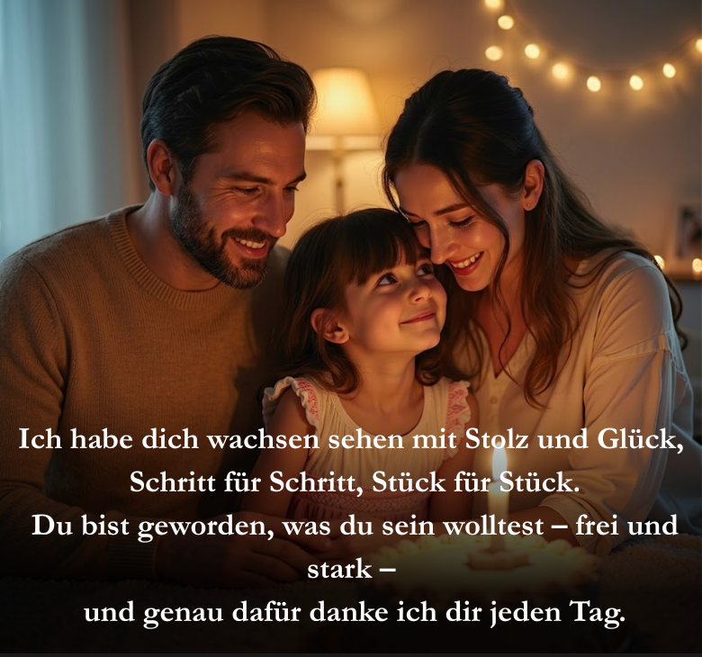 Ich habe dich wachsen sehen mit Stolz und Glück,
 Schritt für Schritt, Stück für Stück.
 Du bist geworden, was du sein wolltest – frei und stark –
 und genau dafür danke ich dir jeden Tag.