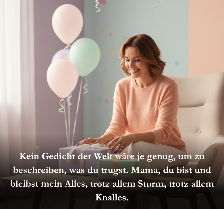 Kein Gedicht der Welt wäre je genug, um zu beschreiben, was du trugst. Mama, du bist und bleibst mein Alles, trotz allem Sturm, trotz allem Knalles.