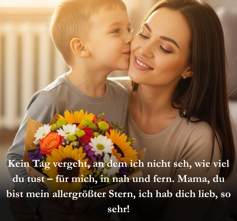 Kein Tag vergeht, an dem ich nicht seh, wie viel du tust – für mich, in nah und fern. Mama, du bist mein allergrößter Stern, ich hab dich lieb, so sehr!