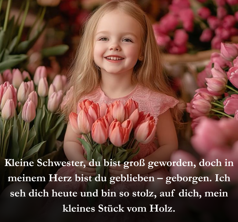 Kleine Schwester, du bist groß geworden, doch in meinem Herz bist du geblieben – geborgen. Ich seh dich heute und bin so stolz, auf dich, mein kleines Stück vom Holz.