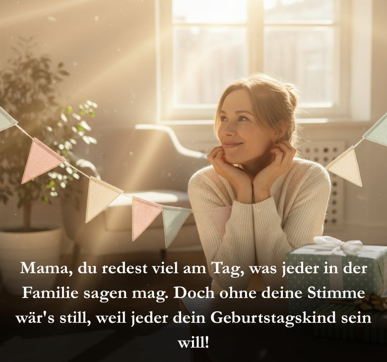 Mama, du redest viel am Tag, was jeder in der Familie sagen mag. Doch ohne deine Stimme wär's still, weil jeder dein Geburtstagskind sein will!