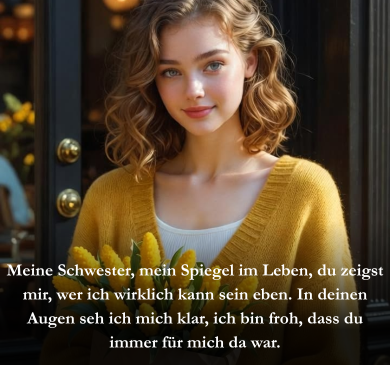 Meine Schwester, mein Spiegel im Leben, du zeigst mir, wer ich wirklich kann sein eben. In deinen Augen seh ich mich klar, ich bin froh, dass du immer für mich da war.
