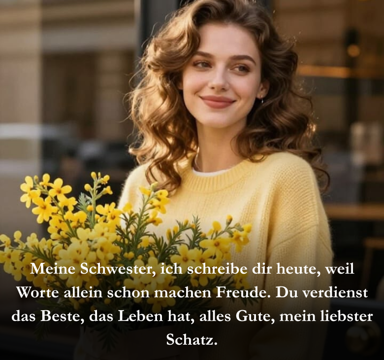 Meine Schwester, ich schreibe dir heute, weil Worte allein schon machen Freude. Du verdienst das Beste, das Leben hat, alles Gute, mein liebster Schatz.