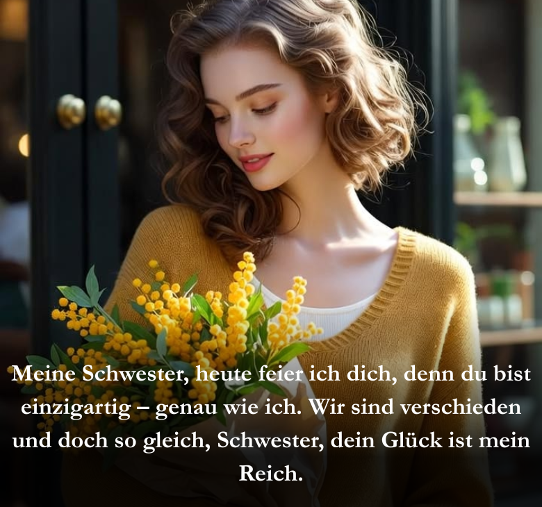 Meine Schwester, heute feier ich dich, denn du bist einzigartig – genau wie ich. Wir sind verschieden und doch so gleich, Schwester, dein Glück ist mein Reich.