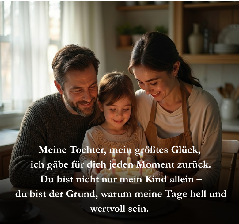 Meine Tochter, mein größtes Glück,
 ich gäbe für dich jeden Moment zurück.
 Du bist nicht nur mein Kind allein –
 du bist der Grund, warum meine Tage hell und wertvoll sein.