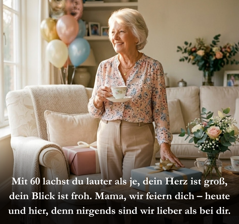 Mit 60 lachst du lauter als je, dein Herz ist groß, dein Blick ist froh. Mama, wir feiern dich – heute und hier, denn nirgends sind wir lieber als bei dir.