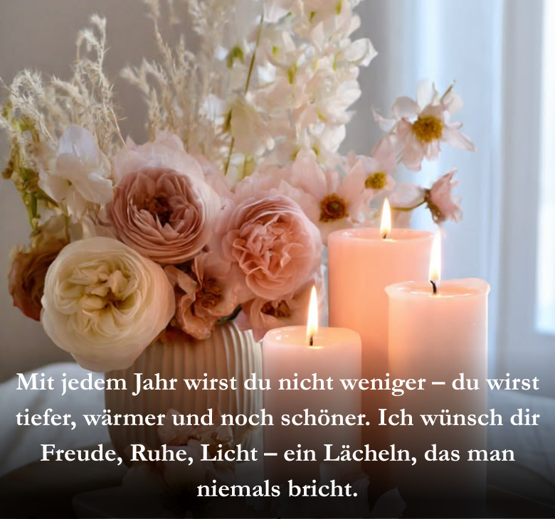 Mit jedem Jahr wirst du nicht weniger – du wirst tiefer, wärmer und noch schöner. Ich wünsch dir Freude, Ruhe, Licht – ein Lächeln, das man niemals bricht.