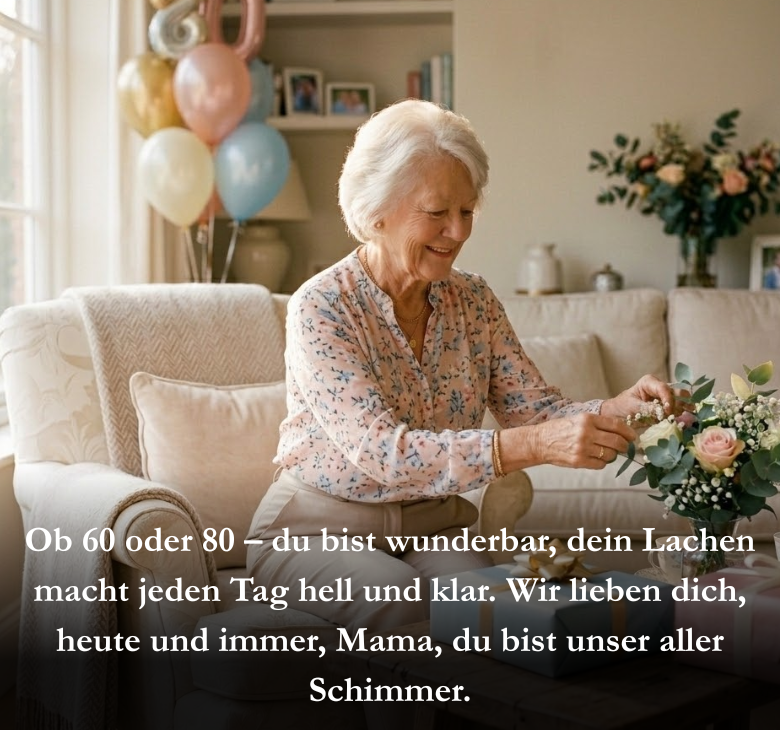 Ob 60 oder 80 – du bist wunderbar, dein Lachen macht jeden Tag hell und klar. Wir lieben dich, heute und immer, Mama, du bist unser aller Schimmer.