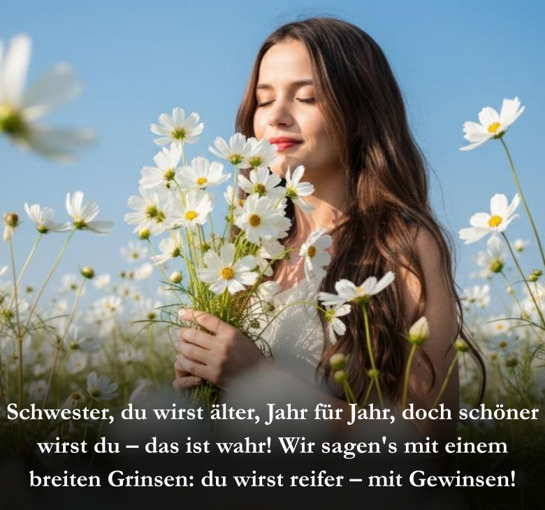 Schwester, du wirst älter, Jahr für Jahr, doch schöner wirst du – das ist wahr! Wir sagen's mit einem breiten Grinsen: du wirst reifer – mit Gewinsen!
