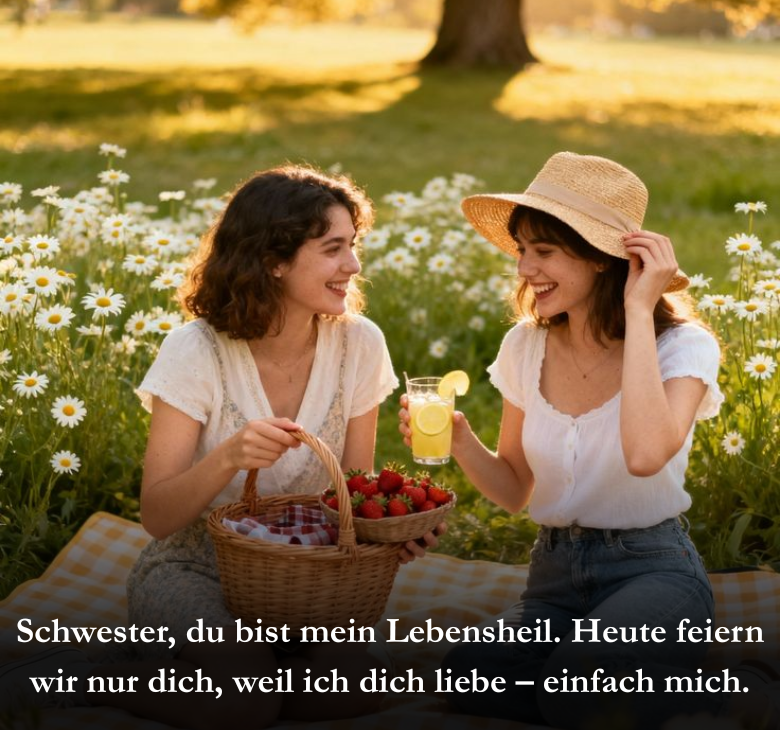 Schwester, du bist mein Lebensheil. Heute feiern wir nur dich, weil ich dich liebe – einfach mich.