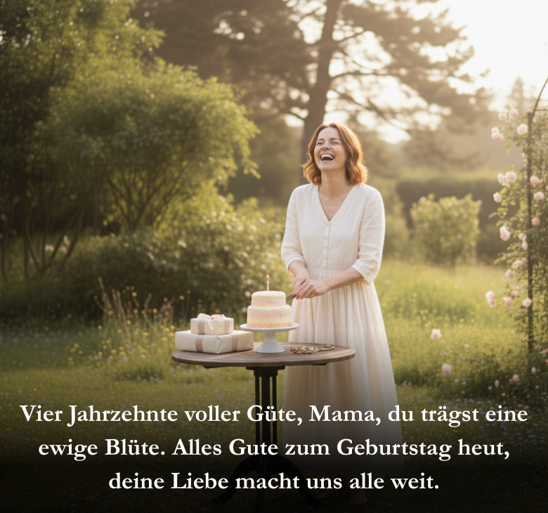 Vier Jahrzehnte voller Güte, Mama, du trägst eine ewige Blüte. Alles Gute zum Geburtstag heut, deine Liebe macht uns alle weit.
