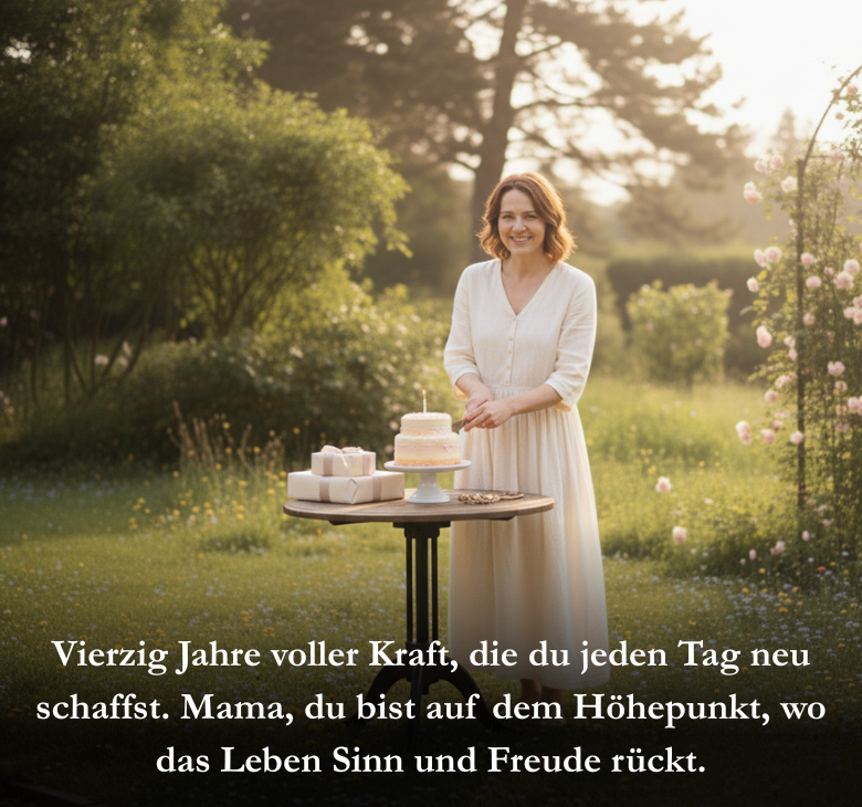 Vierzig Jahre voller Kraft, die du jeden Tag neu schaffst. Mama, du bist auf dem Höhepunkt, wo das Leben Sinn und Freude rückt.