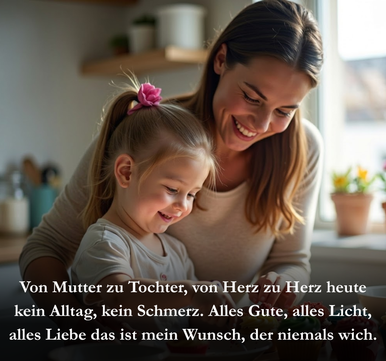 Von Mutter zu Tochter, von Herz zu Herz heute kein Alltag, kein Schmerz. Alles Gute, alles Licht, alles Liebe das ist mein Wunsch, der niemals wich.