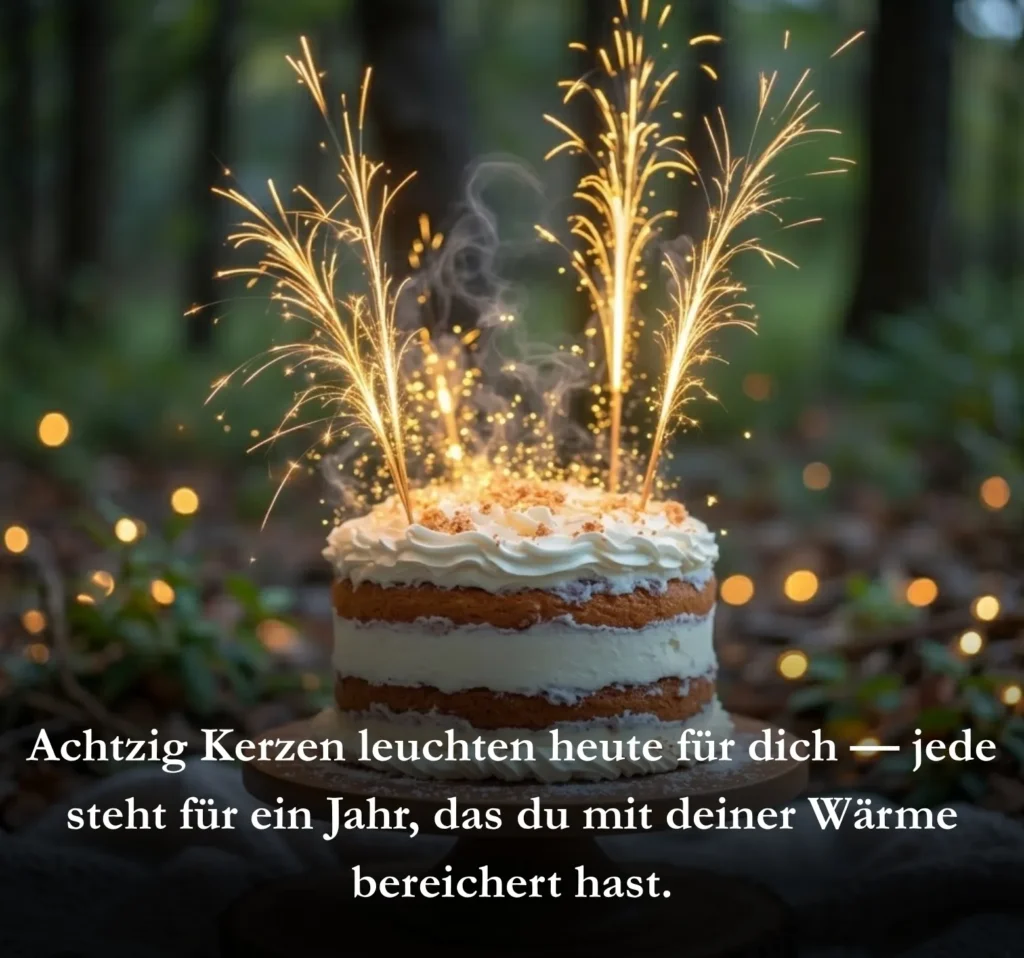 Achtzig Kerzen leuchten heute für dich — jede steht für ein Jahr, das du mit deiner Wärme bereichert hast.