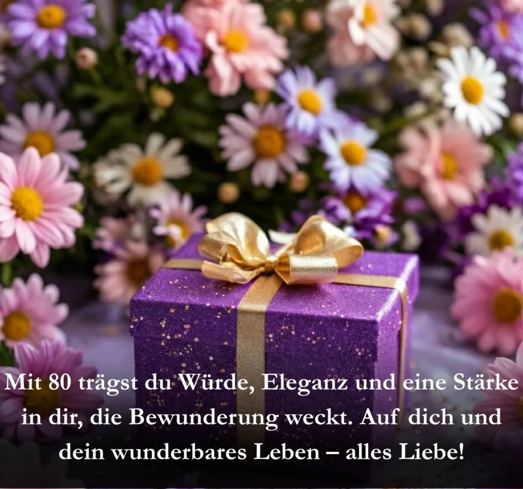 Mit 80 trägst du Würde, Eleganz und eine Stärke in dir, die Bewunderung weckt. Auf dich und dein wunderbares Leben – alles Liebe!