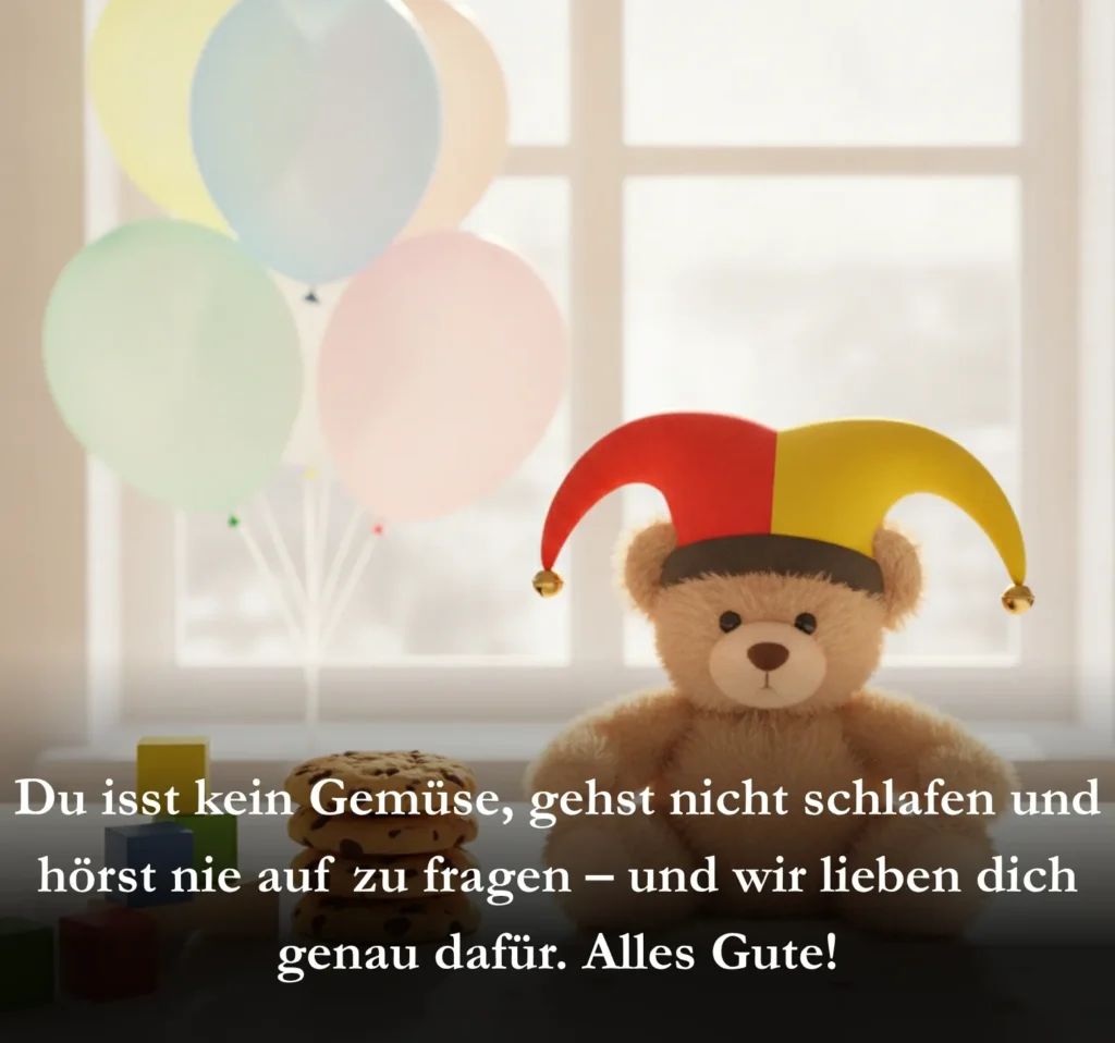 Du isst kein Gemüse, gehst nicht schlafen und hörst nie auf zu fragen – und wir lieben dich genau dafür. Alles Gute!