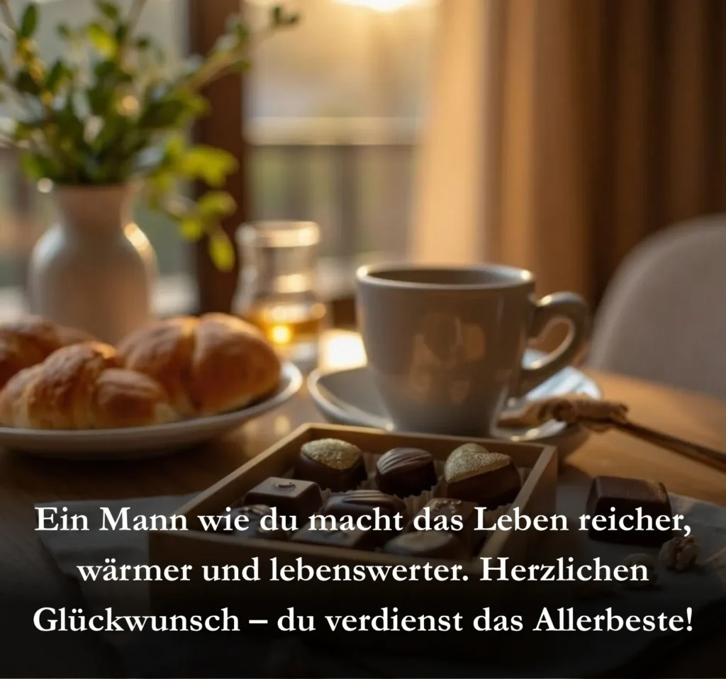 Ein Mann wie du macht das Leben reicher, wärmer und lebenswerter. Herzlichen Glückwunsch – du verdienst das Allerbeste!