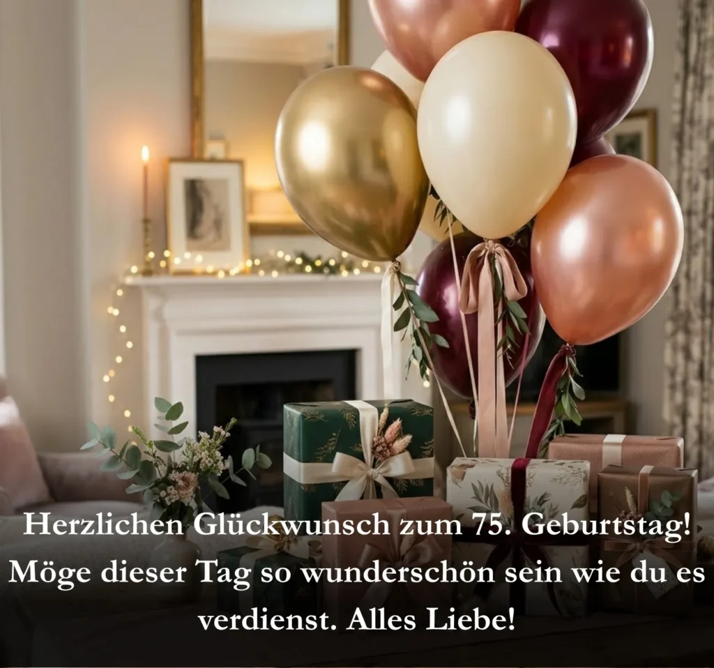 Herzlichen Glückwunsch zum 75. Geburtstag! Möge dieser Tag so wunderschön sein wie du es verdienst. Alles Liebe!