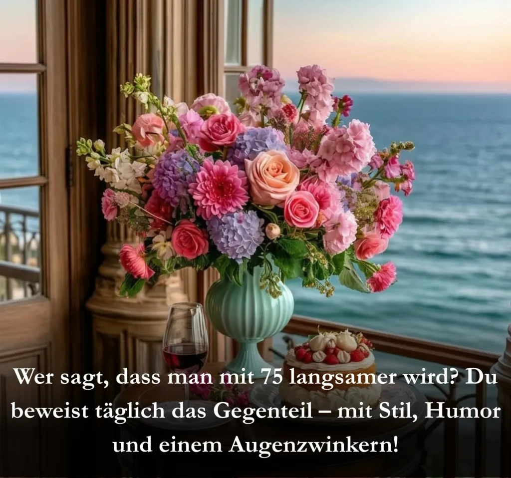 Wer sagt, dass man mit 75 langsamer wird? Du beweist täglich das Gegenteil – mit Stil, Humor und einem Augenzwinkern!