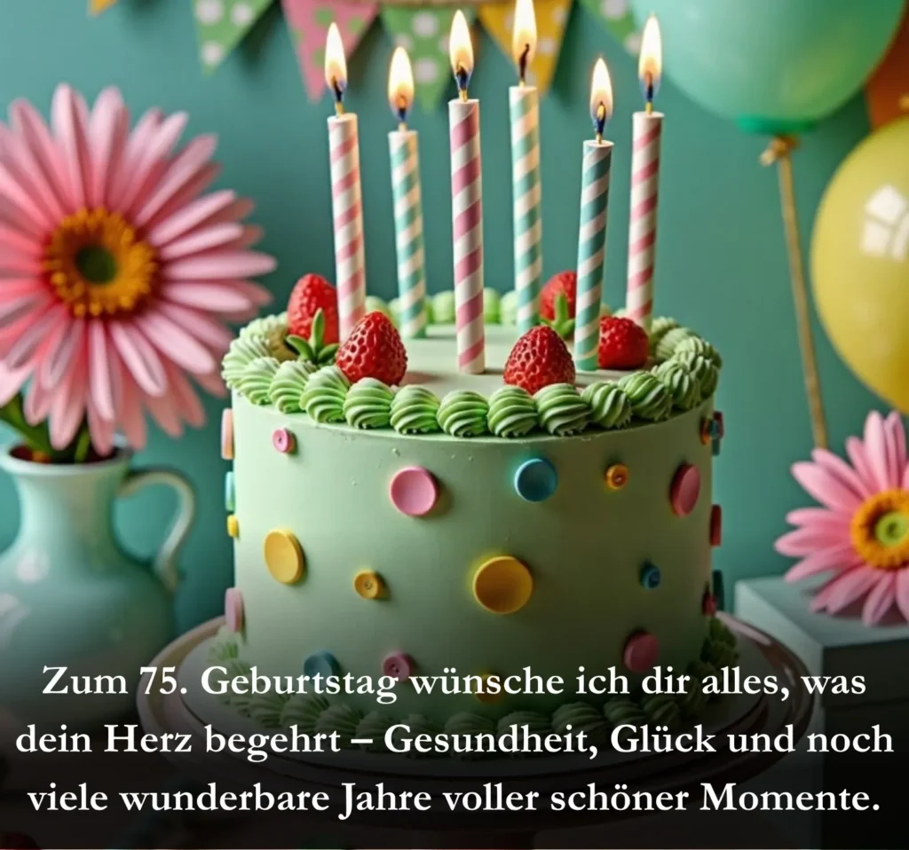 Zum 75. Geburtstag wünsche ich dir alles, was dein Herz begehrt – Gesundheit, Glück und noch viele wunderbare Jahre voller schöner Momente.